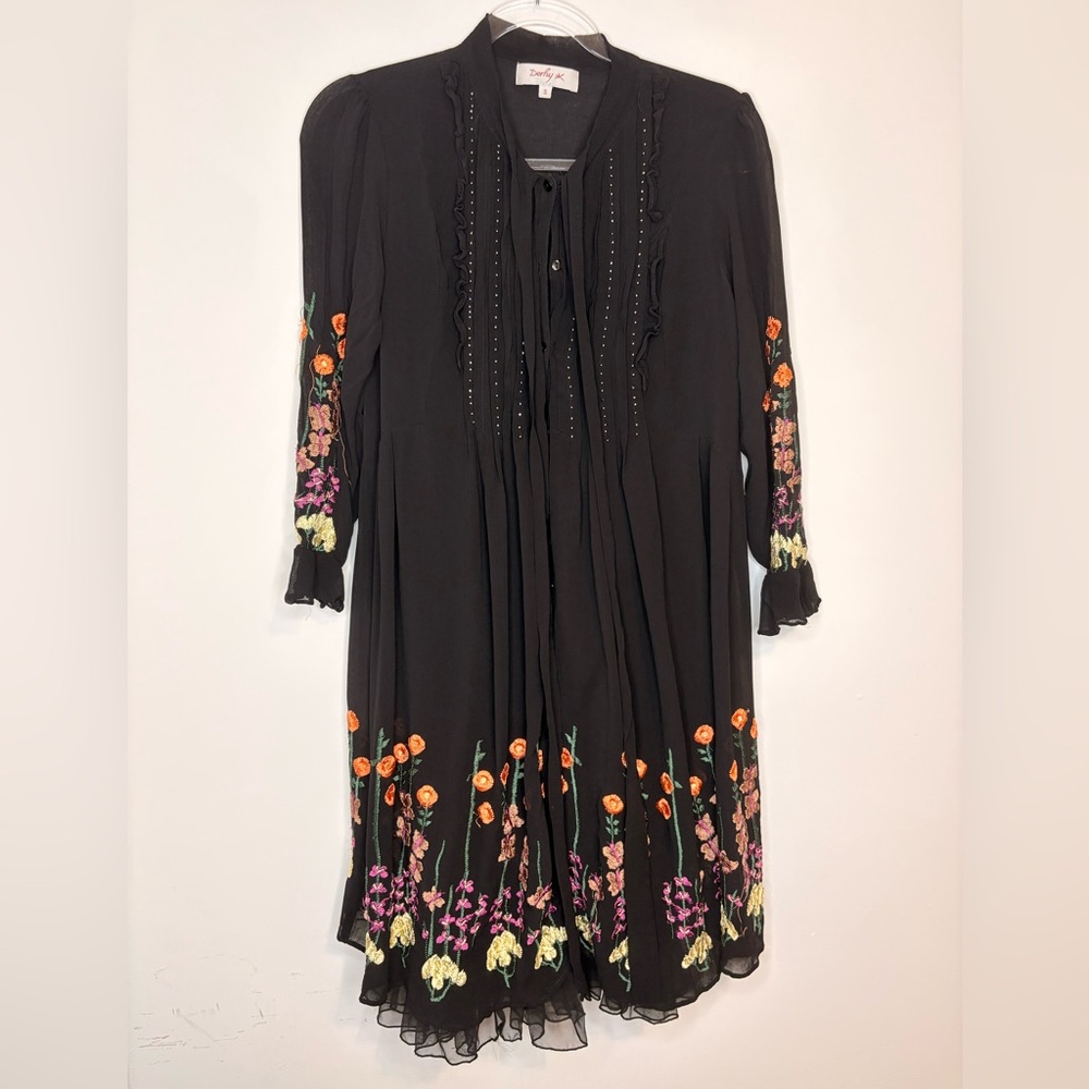 Black Dress with Colorful Floral Embroidery Size S